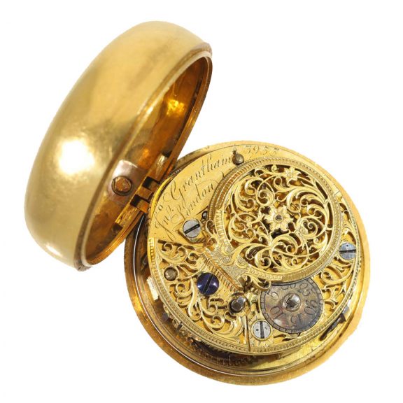 English gold repoussé verge watch with enamel case Circa 1762 English gold repoussé verge watch with enamel case Circa 1762