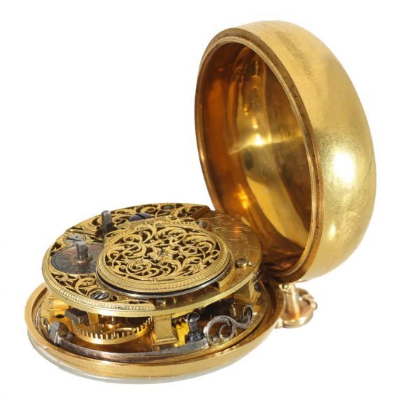English gold repoussé verge watch with enamel case Circa 1762 English gold repoussé verge watch with enamel case Circa 1762