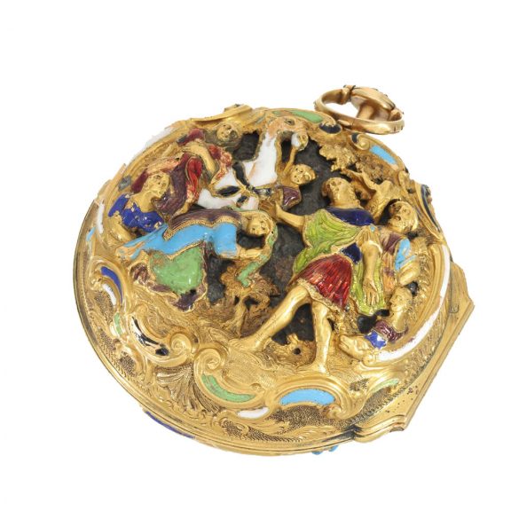 English gold repoussé verge watch with enamel case Circa 1762 English gold repoussé verge watch with enamel case Circa 1762