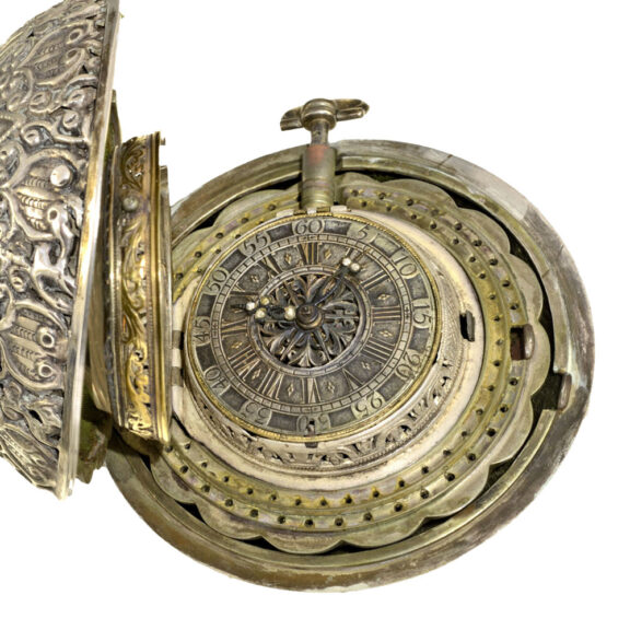 English silver small coach clock repeater with jewels Circa 1692 English silver small coach clock repeater with jewels Circa 1692
