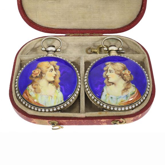 English pair of "Mirror-Image" enamel watches Circa 1844v