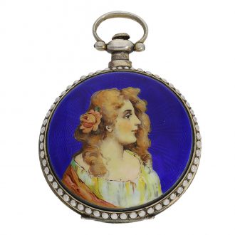 Both watches have a portrait of a lady in magnifying glass painting and a background of dark blue guilloché enamel on the back