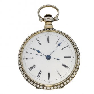 The white enamel dials have an outer ring with Arabic numerals for the minutes and the centre seconds