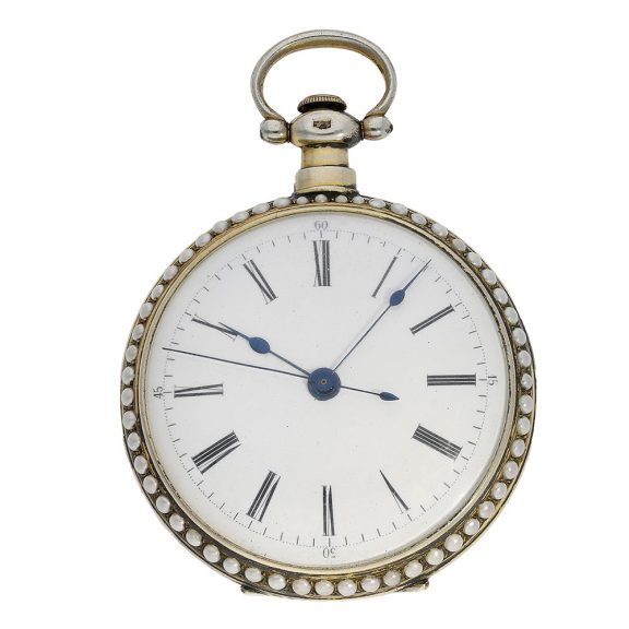 The white enamel dials have an outer ring with Arabic numerals for the minutes and the centre seconds The white enamel dials have an outer ring with Arabic numerals for the minutes and the centre seconds