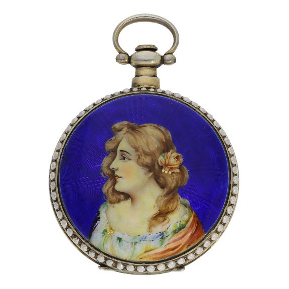 Both watches have a portrait of a lady in magnifying glass painting and a background of dark blue guilloché enamel on the back Both watches have a portrait of a lady in magnifying glass painting and a background of dark blue guilloché enamel on the back