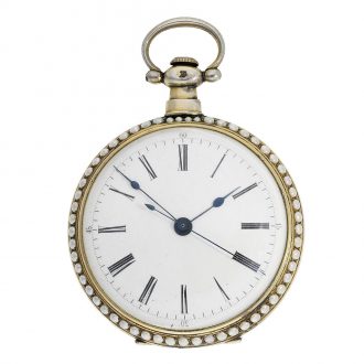 The white enamel dials have an outer ring with Arabic numerals for the minutes and the centre seconds