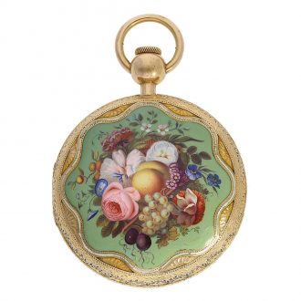 Magnifying glass painting on the back, depiction of flowers and fruits on a green background Magnifying glass painting on the back, depiction of flowers and fruits on a green background