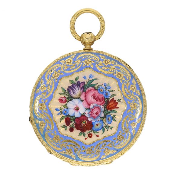 The extraordinarily beautiful full hunter case of this watch, made from 18 Carat gold, has very fine magnifying glass painting depicting musical instruments and flowers, surrounded by blue enamel with golden floral inlays, on both sides The extraordinarily beautiful full hunter case of this watch, made from 18 Carat gold, has very fine magnifying glass painting depicting musical instruments and flowers, surrounded by blue enamel with golden floral inlays, on both sides