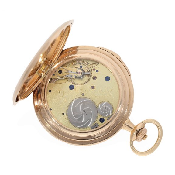 German 14 carat gold hunter case watch with stepped enamel dial Circa 1914 German 14 carat gold hunter case watch with stepped enamel dial Circa 1914