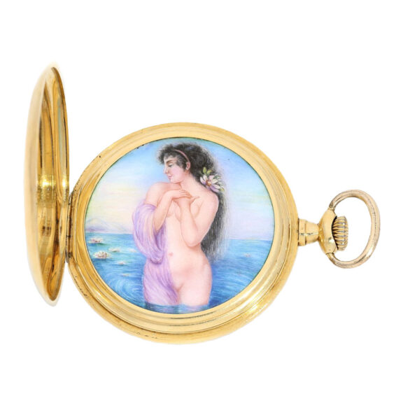 Swiss gold erotic open faced pocket watch Circa 1920
