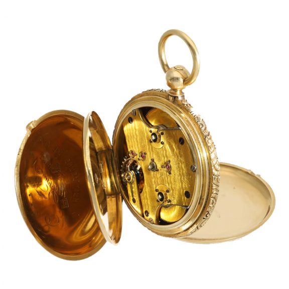 Swiss 18K gold hunting cased lever pocket watch Circa 1860 Swiss 18K gold hunting cased lever pocket watch Circa 1860