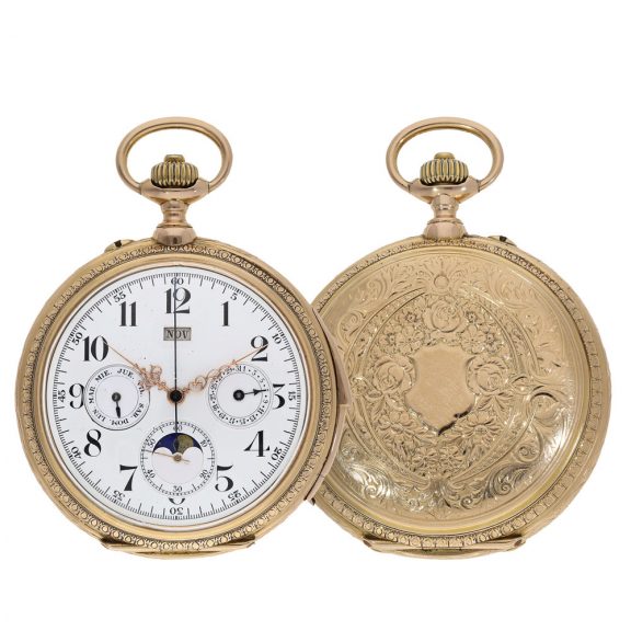 Swiss 18 carat gold complicated splendour pocket watch Circa 1890 Swiss 18 carat gold complicated splendour pocket watch Circa 1890
