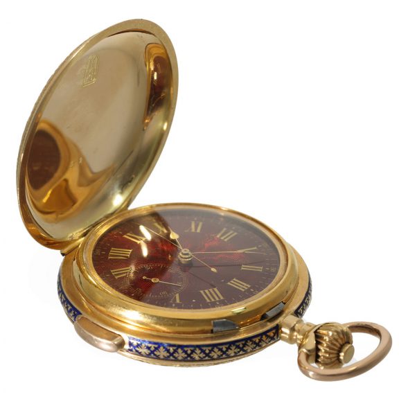 Swiss 18 carat gold and enamel full hunter cased watch Circa 1905 Swiss 18 carat gold and enamel full hunter cased watch Circa 1905