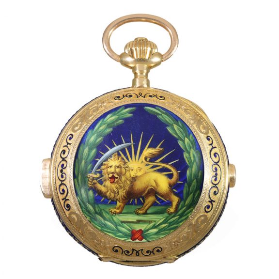 Swiss 18 carat gold and enamel full hunter cased watch Circa 1905 Swiss 18 carat gold and enamel full hunter cased watch Circa 1905