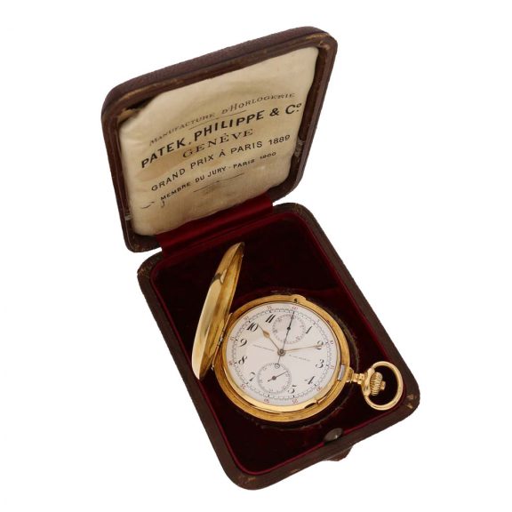 Swiss 18 carat gold lever chronograph in original box Circa 1913 Swiss 18 carat gold lever chronograph in original box Circa 1913