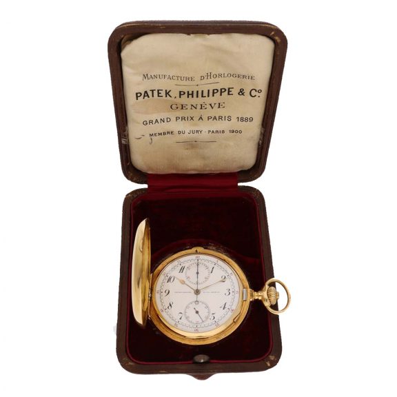 Swiss 18 carat gold lever chronograph in original box Circa 1913 Swiss 18 carat gold lever chronograph in original box Circa 1913