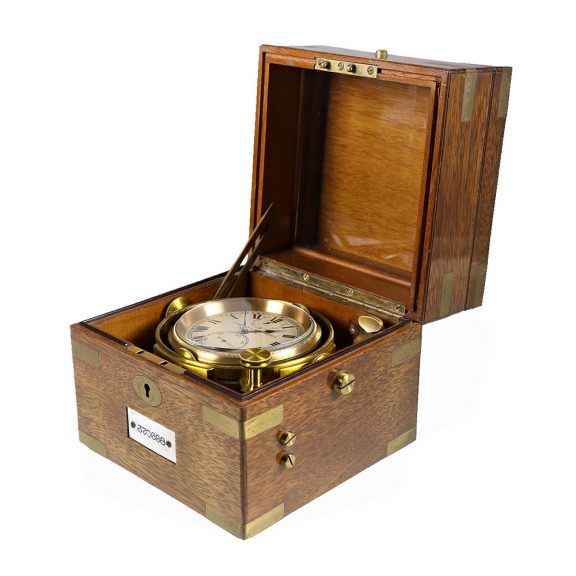 Swiss brass small two day chronometer in mahogany box Circa 1915 Swiss brass small two day chronometer in mahogany box Circa 1915