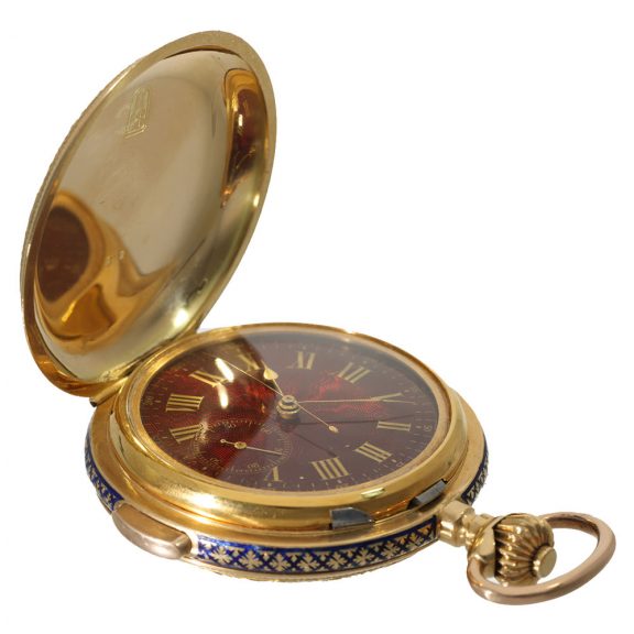 Swiss 18 carat gold and enamel full hunter cased watch Circa 1905 Swiss 18 carat gold and enamel full hunter cased watch Circa 1905