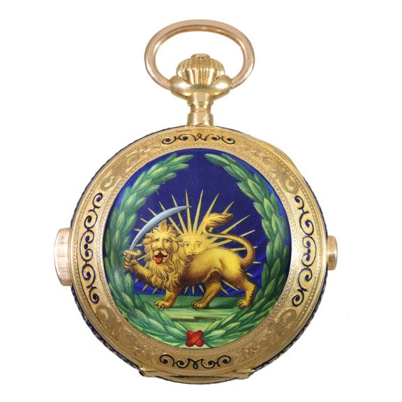 Swiss 18 carat gold and enamel full hunter cased watch Circa 1905 Swiss 18 carat gold and enamel full hunter cased watch Circa 1905