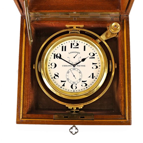 Swiss brass marine chronometer in a mahogany box Circa 1950 Swiss brass marine chronometer in a mahogany box Circa 1950