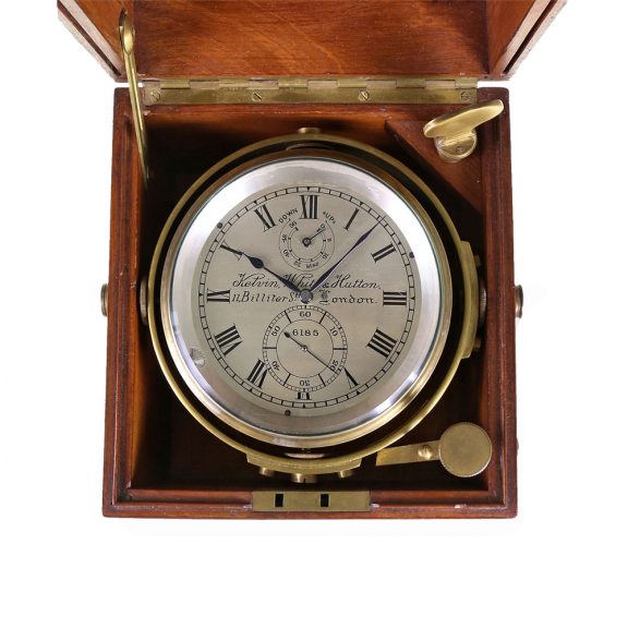 English brass marine chronometer in mahogany box Circa 1920 English brass marine chronometer in mahogany box Circa 1920