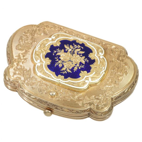 Swiss 18 carat gold and enamel purse with concealed watch Circa 1850 Swiss 18 carat gold and enamel purse with concealed watch Circa 1850