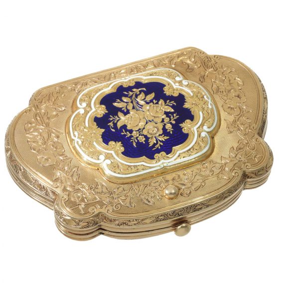 Swiss 18 carat gold and enamel purse with concealed watch Circa 1850 Swiss 18 carat gold and enamel purse with concealed watch Circa 1850