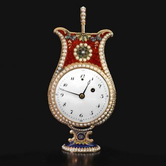 Swiss gold and enamel lyre form watch with repeater Circa 1790
