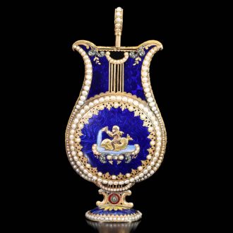 Swiss gold and enamel lyre form watch with repeater Circa 1790