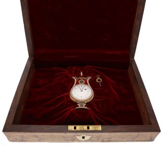 Swiss gold and enamel lyre form watch with repeater Circa 1790