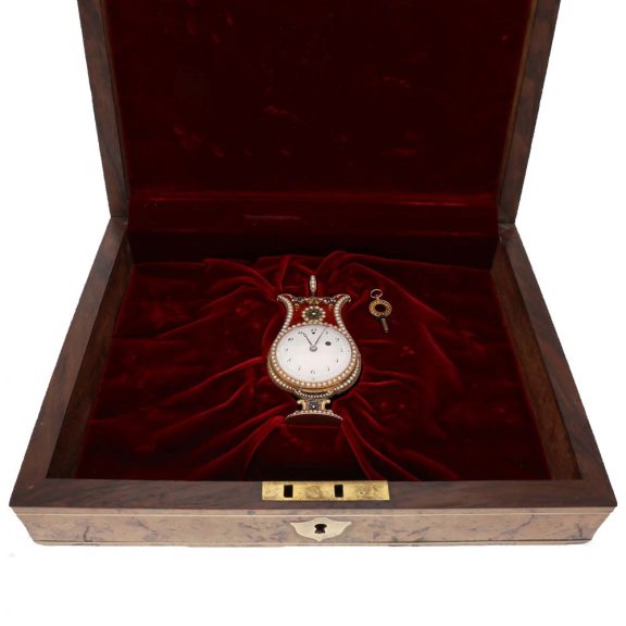 Swiss gold and enamel lyre form watch with repeater Circa 1790 Swiss gold and enamel lyre form watch with repeater Circa 1790