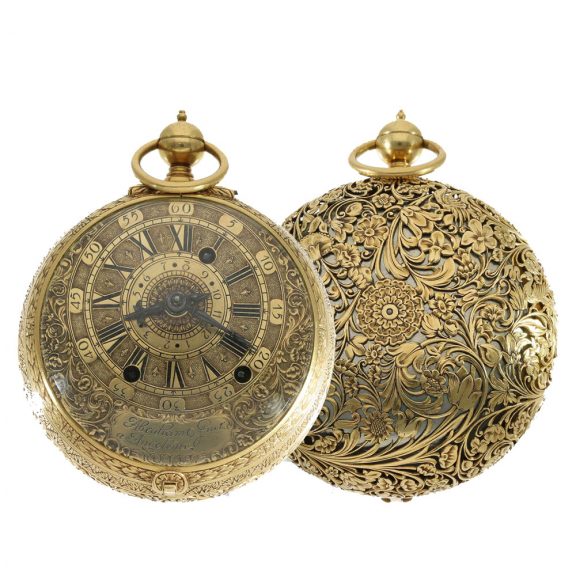 French gold complicated coach clock with a verge escapement Circa 1675 French gold complicated coach clock with a verge escapement Circa 1675