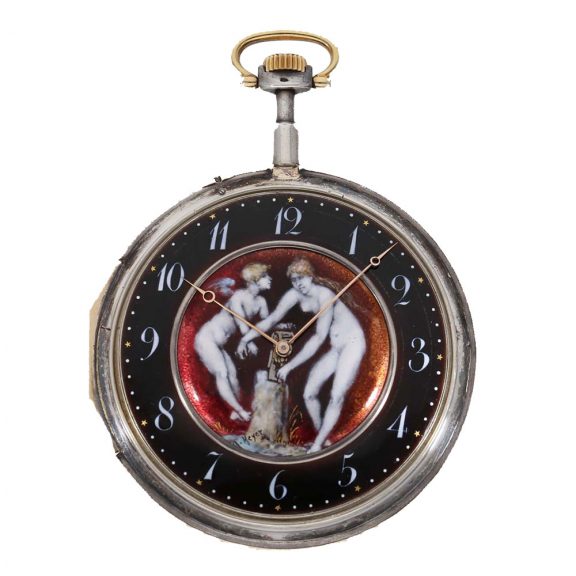 Swiss silver one of a kind watch with fine enamel painting Circa 1900