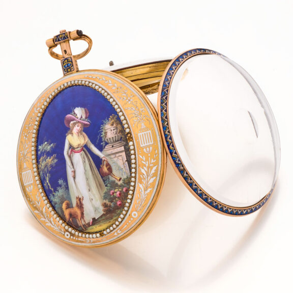 Gold French enamel split pearls verge watch Circa 1790 Gold French enamel split pearls verge watch Circa 1790