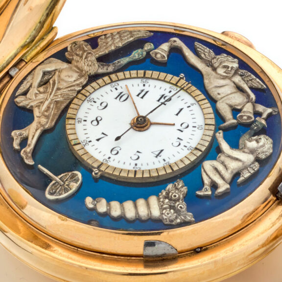 Swiss quarter repeater and chronograph with Jacquemart Circa 1900 Swiss quarter repeater and chronograph with Jacquemart Circa 1900