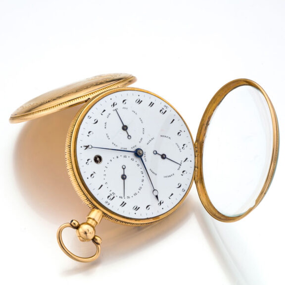 French gold verge with calendar and repetition Circa 1800 French gold verge with calendar and repetition Circa 1800