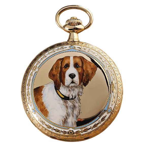 Swiss gold enamel pocket watch with a dog portrait Circa 1915
