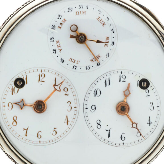 473-aa Rare French silver watch with dual time and calendar Circa 1810