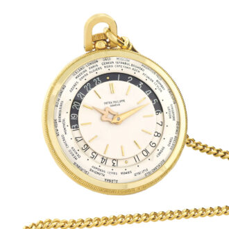 Swiss yellow gold keyless ‘World Time’ dress watch with a long gold chain Circa 1964