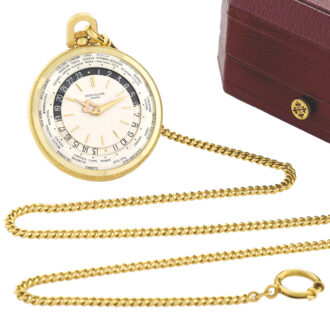 Swiss yellow gold keyless ‘World Time’ dress watch with a long gold chain Circa 1964