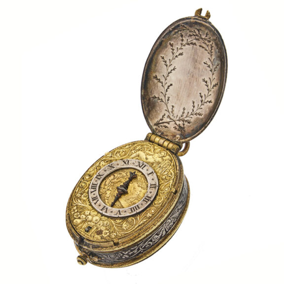 Early English gilt-metal and silver oval watch case Circa 1625