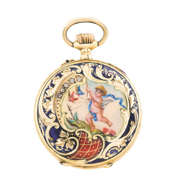 Swiss painted on enamel lady’s keyless pendant watch Circa 1890