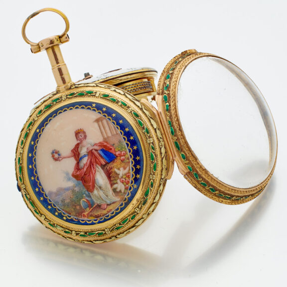 French gold pendant watch with enamel medallion Circa 1780 French gold pendant watch with enamel medallion Circa 1780