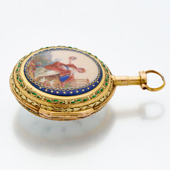 French gold pendant watch with enamel medallion Circa 1780 French gold pendant watch with enamel medallion Circa 1780
