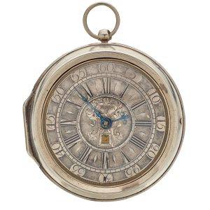 English silver watch with date and glazed balance cock Circa 1695
