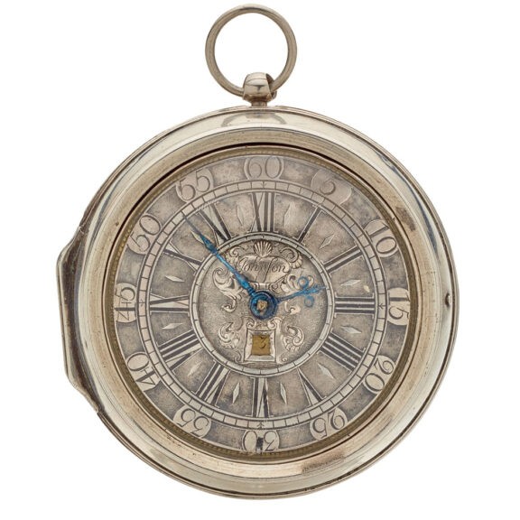 English silver watch with date and glazed balance cock Circa 1695 English silver watch with date and glazed balance cock Circa 1695