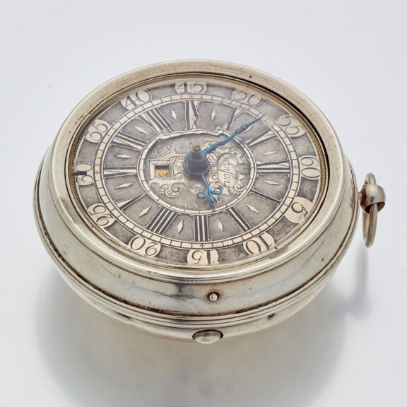 English silver watch with date and glazed balance cock Circa 1695 English silver watch with date and glazed balance cock Circa 1695