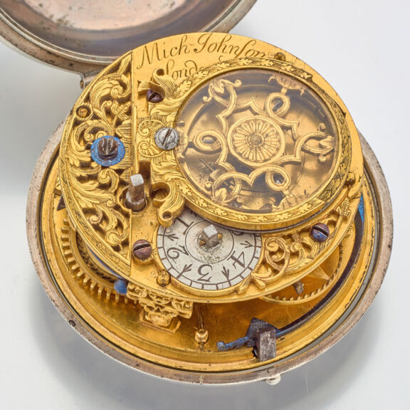 496-fEnglish silver watch with date and glazed balance cock Circa 1695 English silver watch with date and glazed balance cock Circa 1695