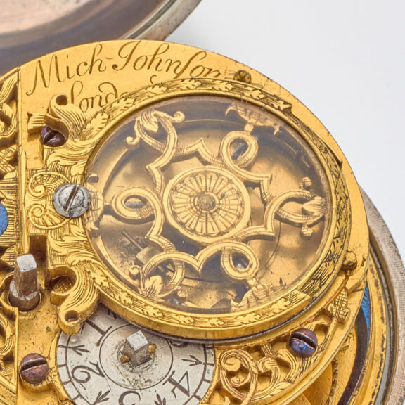 496-ff English silver watch with date and glazed balance cock Circa 1695