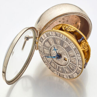 English silver watch with date and glazed balance cock Circa 1695
